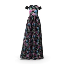 Robe longue de soirée noire dos nu fendue en crêpe