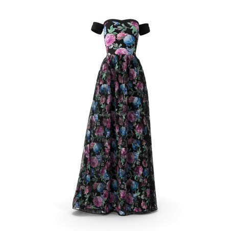 Robe longue de soirée noire dos nu fendue en crêpe